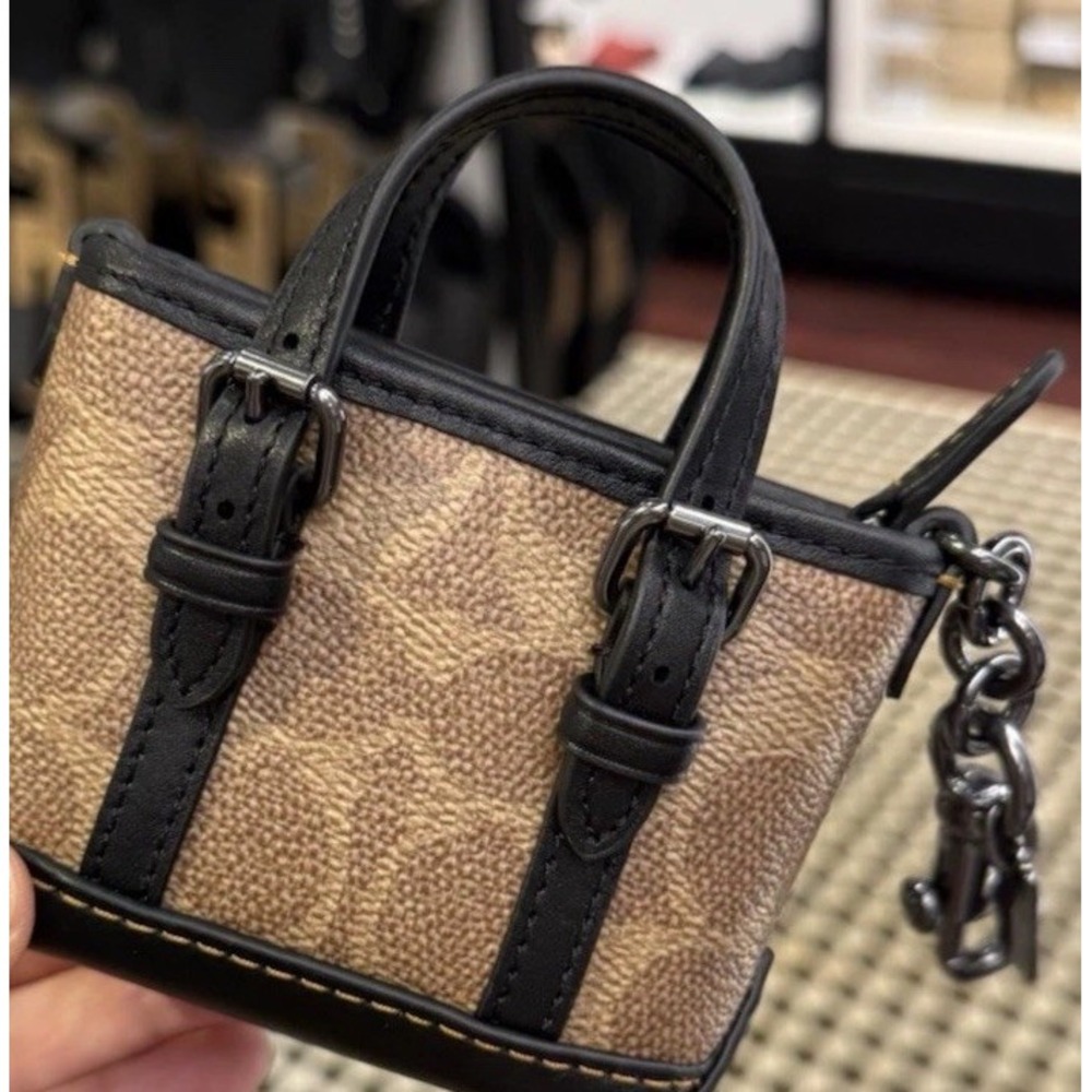 Coach Mini Warner Tote Bag Charm Signature Canvas CBK64 Tan Black NWT